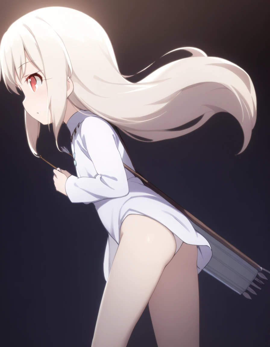 1 girl, shiny backlight, volumy long ponytail, silver hair, red eyes, middle breasts, her hair is fluttering down, white fantasic leotard outfit, white long loincloth,brown belts, long Quiver of Arrows behind back, open legs,open thighs, arched back, sceri...