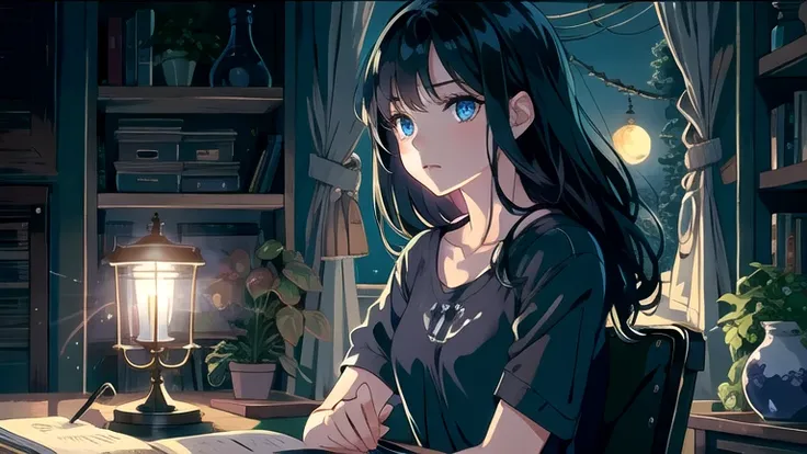 Create an illustration of a girl with black hair and blue eyes, sitting in a chair in front of a desk, Sentimental, Introspective look。, The moonlight gently shines into the room, Gently illuminate the space, Curtains sway in the wind, Increase tranquility...