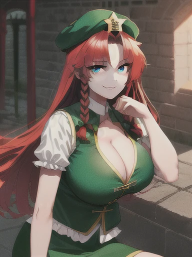 (extremely detailed), (masterpiece), (best quality), (ultra-detailed), (best illustration), (best shadow), (absurdres), (detailed background) Hong Meiling, 1girl, solo, long hair, red hair, braids, smile, blue eyes, green vest, green skirt, green beret, gr...