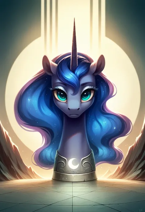 a disembodied head of princess luna on the floor, intricate detailed face, striking blue eyes, long eyelashes, glowing ethereal ...