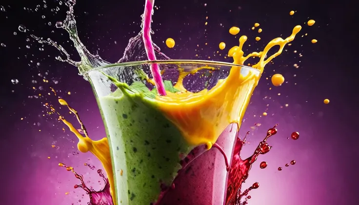 Smoothie, Healthy and vibrant smoothie. Capture dramatic smoothie splash. Creative Dynamic compotition vary angle. Macro Food photography, taken by very high tech expensive camera. Eyecatching, mouthwatering and cavtivating. Photo product, great for poster...