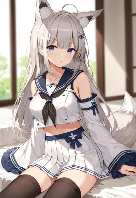 score_9,score_8_up,score_7_up,source_anime,cowboy shot,Idealized Forms,Natural Light,details background,blurry background,extremely detailed,kbest quality, masterpiece, highres, solo, {kawakaze_azurlane:1.15}, animal_ears, fox_ears, long_hair, bangs, blue_...