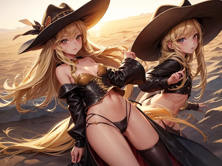 (((depcit young little girl))), (((elegant cowgirl))), sexy, blond hair, long hair, straight hair, cowby hat, wearing leather cowboy clothes, guns, open legs, spread legs, brown eyes, thin , small breasts, nice hips, open shoulders, (sassy), (Masterpiece, ...