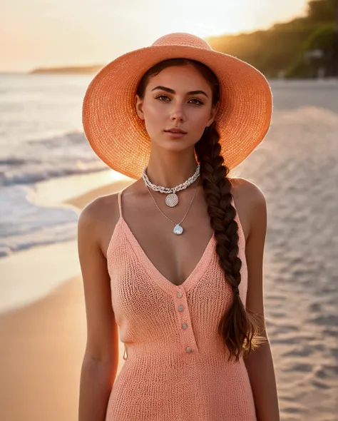 24 year old brunette woman, photo, on the beach, bright lighting, colorful, serene, full-body-view, high-resolution, 8k, masterpiece, top-quality, hyper-realistic, beautiful, highly-detailed, professional, ultra-realistic, epic, cinematic, beautiful skin, ...