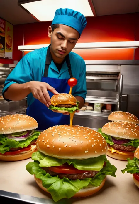 (Fast Food Worker), A fast food clerk is creating various interesting patterns and designs on a burger with lettuce, tomatoes, and sauce, set against the backdrop of a busy fast food restaurant, full body, (Photography), panoramic view, award-winning, cine...