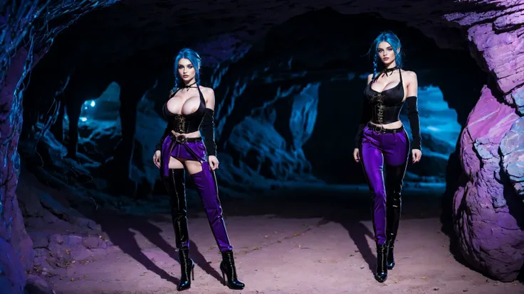 jinx, blue hair,blue long curly ponytail, blue leahter corset, black jacket, big naked breast, purpble tight leahter Trousers, purple belt, black long high heels boots,standing in a Cave