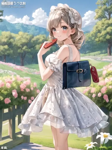 masterpiece, high resolution, 2d, a girl with a cute dress, frilled dress,  dress, an incredibly charming carrying a wallet, (wa...