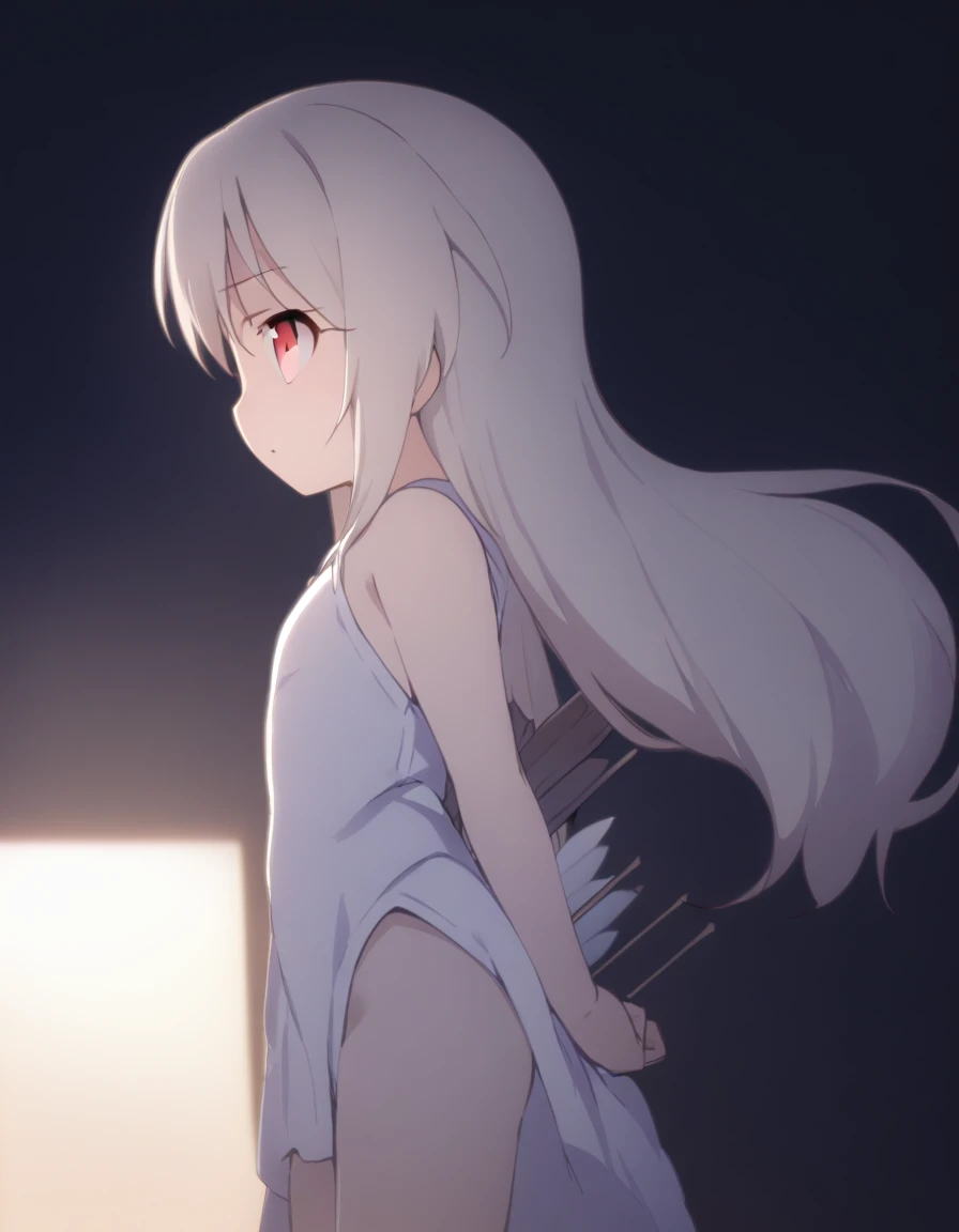 1 girl, shiny backlight, volumy long ponytail, silver hair, red eyes, middle breasts, her hair is fluttering down, white fantasic leotard outfit, white long loincloth,brown belts, long Quiver of Arrows behind back, open legs,open thighs, arched back, sceri...