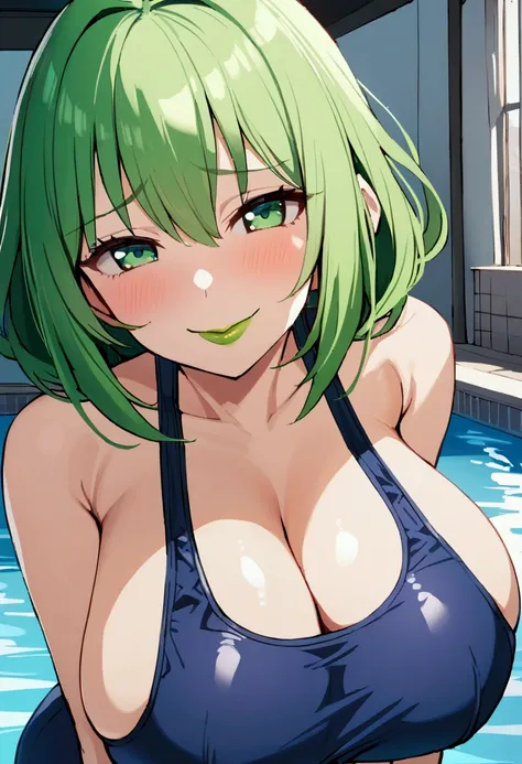 1girl with short green hair, green eyes, green lips, big breasts, school swimsuit, smile, horny face, swimming pool on background, indoors, standing, standing on floow
