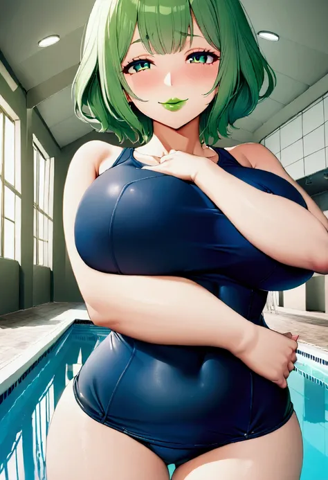 1girl with short green hair, green eyes, green lips, big breasts, school swimsuit, smile, horny face, swimming pool on background, indoors, standing, standing on floow
