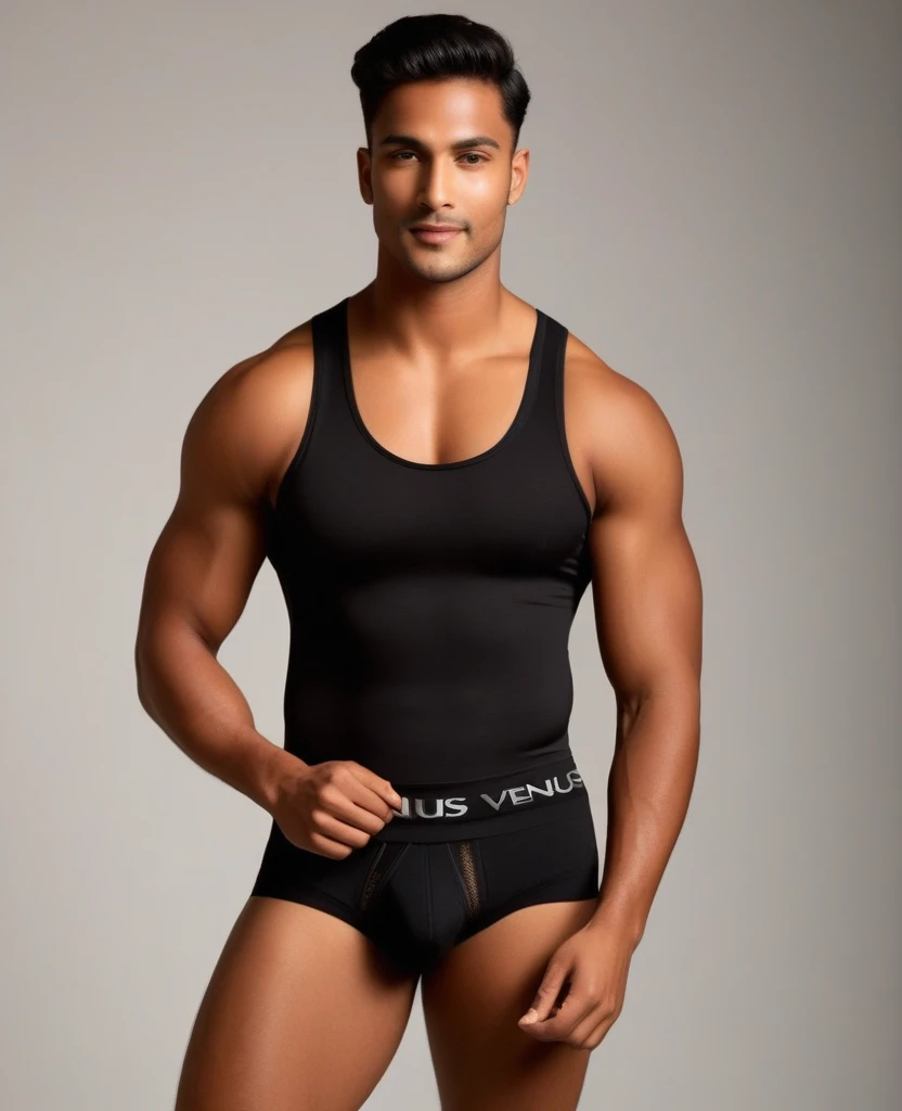 A man in Indian LUX VENUS   undervest and LUX Classio    black underwear make full body photograph black underwear