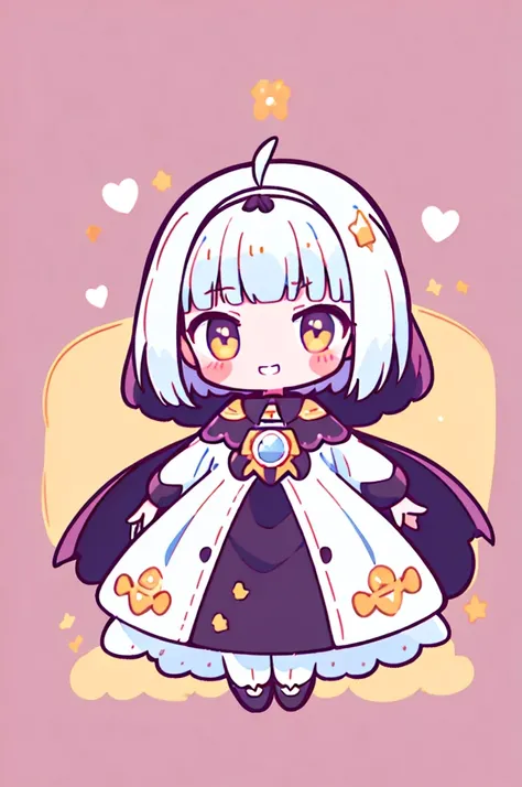 vector art, 1girl, hime cut, white hair, blunt bangs, blush, yellow eyes, short girl, grin, full body, short girl, grin, grinning, moody, black pants, white cape with golden edges, Kindergartener, flat color