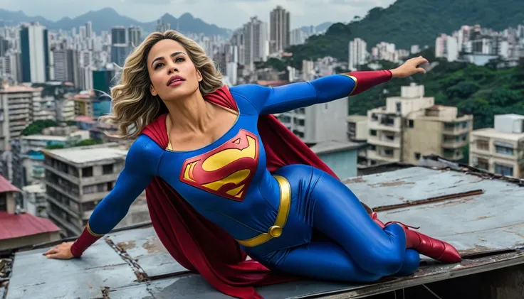 super breasts; Paula Patton Supergirl 1984s DC movie costume; saving the world; posição de levantar vôo; braços esticados para cima; taking off from a roof (worn clothes on the ground); floating towards the Centro da Cidade- Rio de Janeiro sky; HD. Photogr...