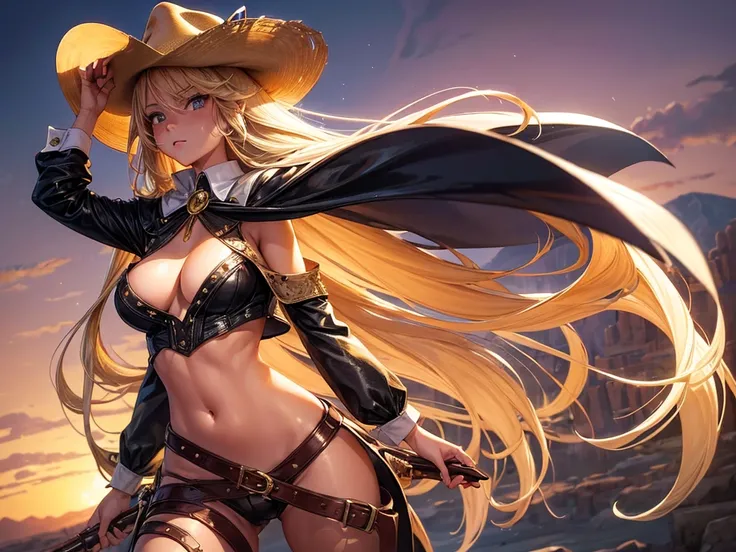 (((depcit very young girl))), (((elegant cowgirl))), sexy, blond hair, long hair, straight hair, cowby hat, wearing leather cowboy clothes, revolvers, open legs, spread legs, brown eyes, thin , small breasts, nice hips, open shoulders, (sassy), (Masterpiec...