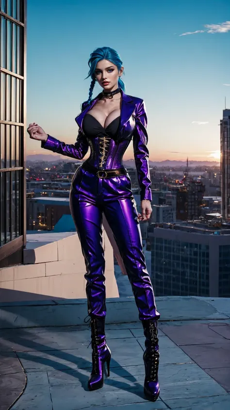 jinx, blue hair,blue long curly ponytail, blue leahter corset, black jacket, big naked breast, purpble tight leahter Trousers, purple belt, black long high heels boots,standing in Skyscraper 