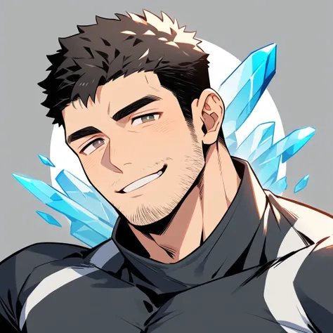 anime characters：Chris Redfield, Muscle Sports Student, Buzz Cut, Manliness, male focus, Dark black high collar long sleeve tight T-shirt, Slightly transparent material, Very tight, Round, full and perky chest muscles, muscular male, muscular, only, Upper ...