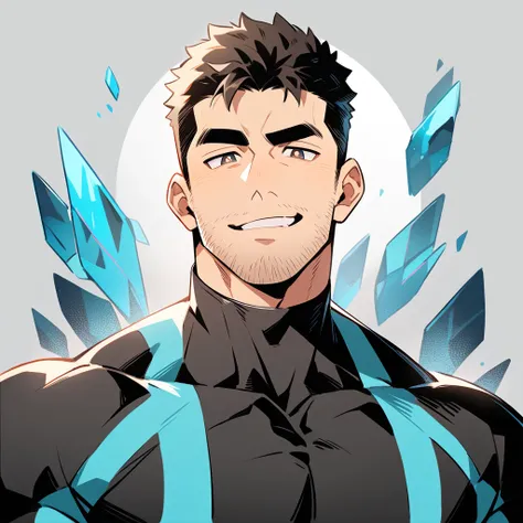 anime characters：Chris Redfield, Muscle Sports Student, Buzz Cut, Manliness, male focus, Dark black high collar long sleeve tight T-shirt, Slightly transparent material, Very tight, Round, full and perky chest muscles, muscular male, muscular, only, Upper ...