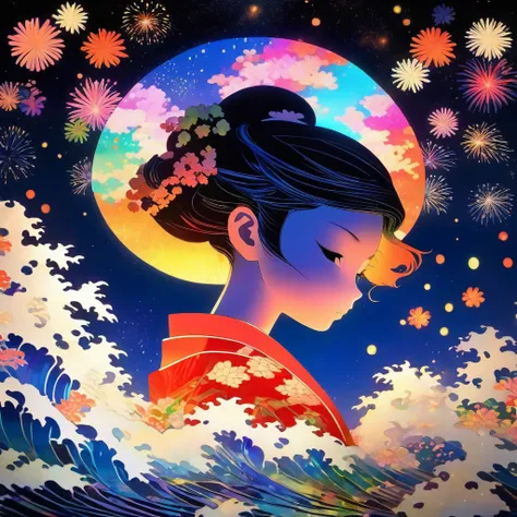 Microphotography, Anime girl made of glass in kimono silhouette, vibrant rainbow river, fireworks in night sky, colorful coral reefs, detailed illustration, Ukiyo-e style --ar 3:4 --style raw --stylize 600 --niji 6