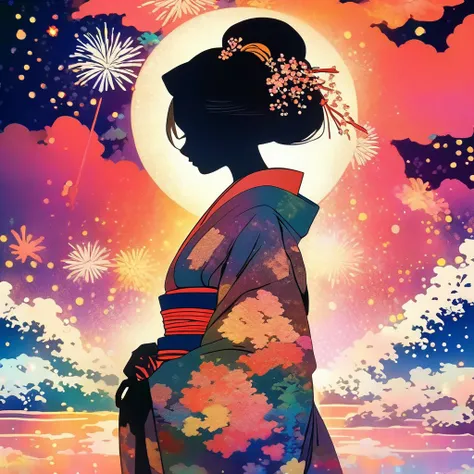 Microphotography, Anime girl made of glass in kimono silhouette, vibrant rainbow river, fireworks in night sky, colorful coral reefs, detailed illustration, Ukiyo-e style --ar 3:4 --style raw --stylize 600 --niji 6