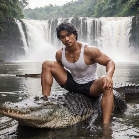 A handsome 30-year-old Indonesian man with layered hair, wearing a white singlet and black shorts, is playing with a large crocodile in a river. The jungle and a waterfall serve as the backdrop