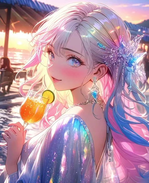 8K,gal，an extremely delicate and beautiful,Beautiful and realistic skin,Shiny jewel-like earrings,Long colorful hair,beautiful eyes,shine like glitter,drink alcohol,beautiful sunset
