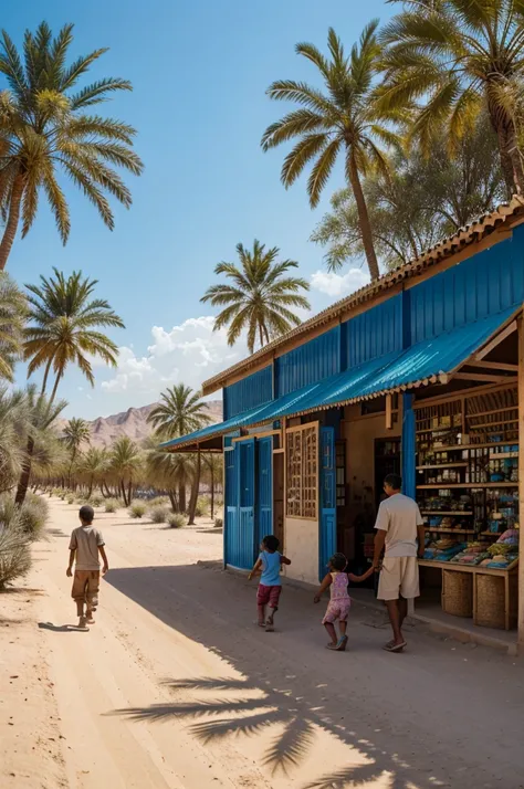 In desert a man walking to the lake under blue sky and house nearby and a shop with camel and children running surrounded by coconut trees 