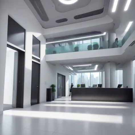 Futuristic white office lobby, front, lobby, sf