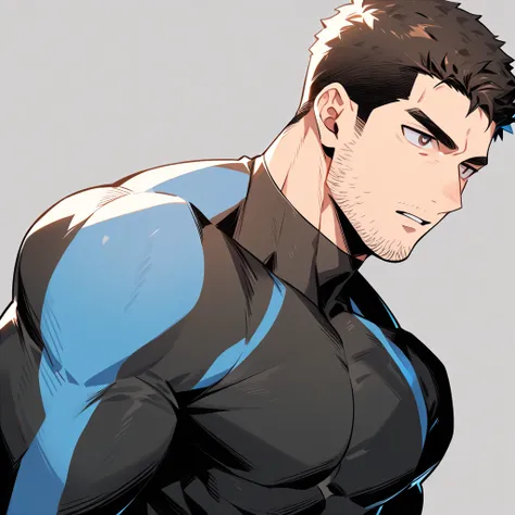 anime characters：chris redfield, muscle sports student, buzz cut, manliness, male focus, dark black high collar long sleeve tigh...