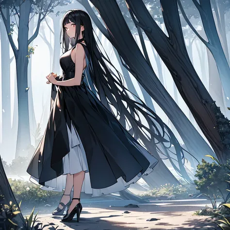 
Young woman,dark black hair,put on a dress,play white,stand with back,In front is a big tree.,Fantasy,beautiful colors,Lots of colors