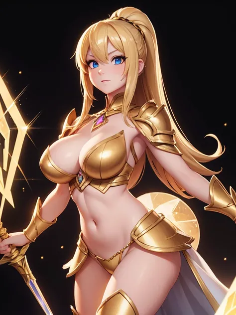 Sexy female warrior with transparent golden crystal armor and a crystal sword, uncovered body, round ass, big breasts