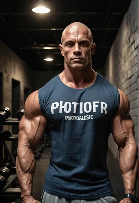 bodybuilder man, 30 years old, slim, shaved hair, super loose t-shirt, in a dark gym, holding dumbbells, with spotlights on the ceiling, concrete block walls, photorealistic, photo, masterpiece, realistic, realism, photorealism, high contrast, photorealist...