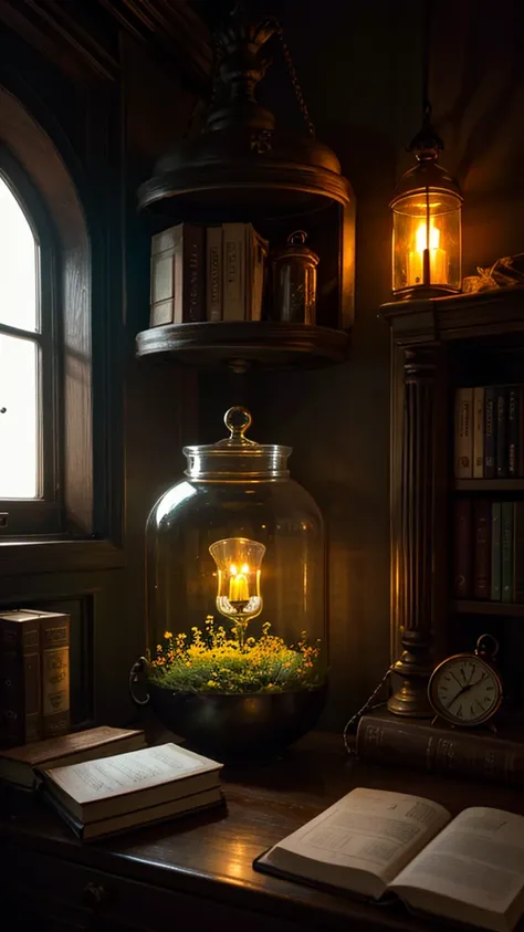 Glowing flower field inside Apothecary Jar,Bokeh,Grim,Neon Light,intricate,elegant,in a witchs hut,books,cauldron,window,herbs,cutecore,