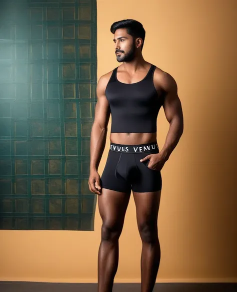 A man in Indian LUX VENUS   undervest and LUX Classio    black underwear make full body photograph black underwear