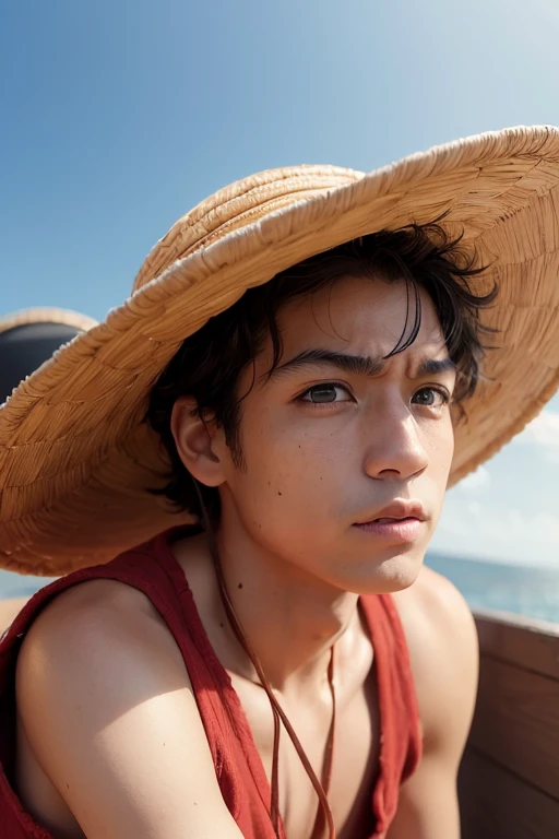 (masterpiece:1.3), (8K, Realistic, RAW Photos, Highest quality: 1.4), Beautiful Face, (Realistic Face), Luffy, Luffy from One Piece, モンキー・D・Luffyの衣装, Short blue jeans, Red clothes, I was on the deck of the ship