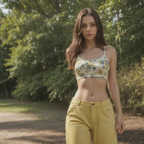 beautiful young woman, 28 years old, 5 7" tall, medium length straight brown hair, dark green eyes, yellow low waisted pants, green cropped t-shirt with a floral design, bare midriff, rose tattoo on her stomach, arm tattoos, standing in a park, trees, nigh...