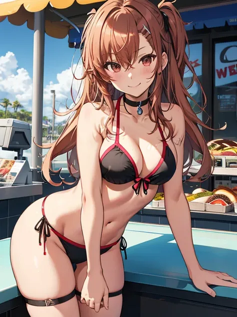 Beach House, Swimwear, counter, Smile, Fast food clerk, Fast Food Worker, Misaka Mikoto, 1girl, black choker, uhd, retina, masterpiece, ccurate, anatomically correct, textured skin, super detail, high details, high quality, best quality, highres, 4K