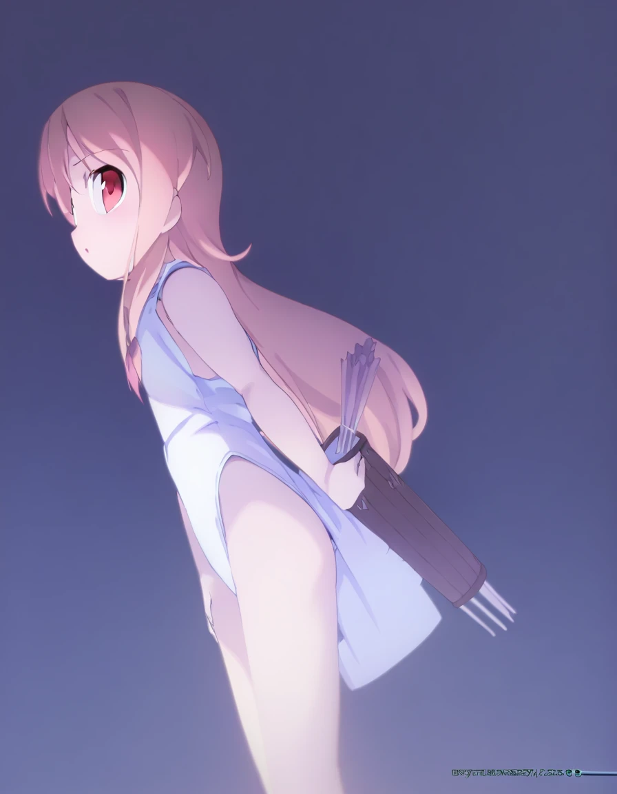 1 girl, shiny backlight, volumy long ponytail, silver hair, red eyes, middle breasts, her hair is fluttering down, white fantasic leotard outfit, white long loincloth,brown belts, long Quiver of Arrows behind back, open legs,open thighs, arched back, sceri...