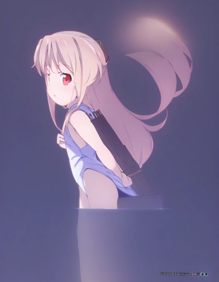 1 girl, shiny backlight, volumy long ponytail, silver hair, red eyes, middle breasts, her hair is fluttering down, white fantasic leotard outfit, white long loincloth,brown belts, long Quiver of Arrows behind back, open legs,open thighs, arched back, sceri...