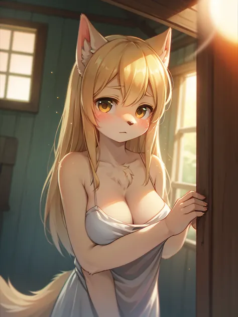 (Sumilux f1.4 75mm , low Latitude old color negative film , cross process , bokeh, flare, chromatic aberration , soft focus, (Shallow focus) , soft glow , Maximum aperture, High Key , Transparent depiction) , blond Mature wolf girl , hide with hand , (frec...