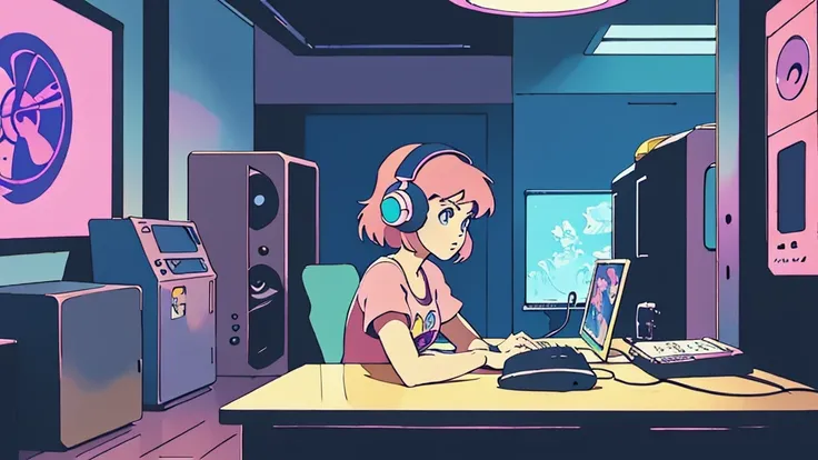 anime character sitting at a computer with headphones on, point-and-click adventure game, lofi artstyle, in the art style of 8 0 s anime, 8 0 s anime vibe, lofi hip hop, lofi art, video game cutscene, video game screenshot>, lofi girl, loish art style, ani...