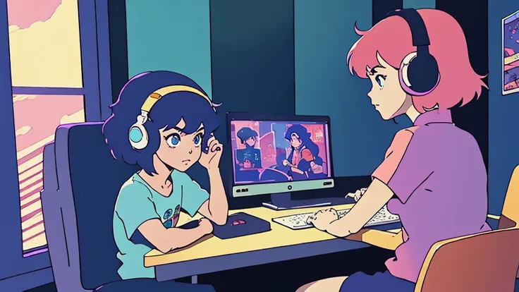 anime character sitting at a computer with headphones on, point-and-click adventure game, lofi artstyle, in the art style of 8 0 s anime, 8 0 s anime vibe, lofi hip hop, lofi art, video game cutscene, video game screenshot>, lofi girl, loish art style, ani...