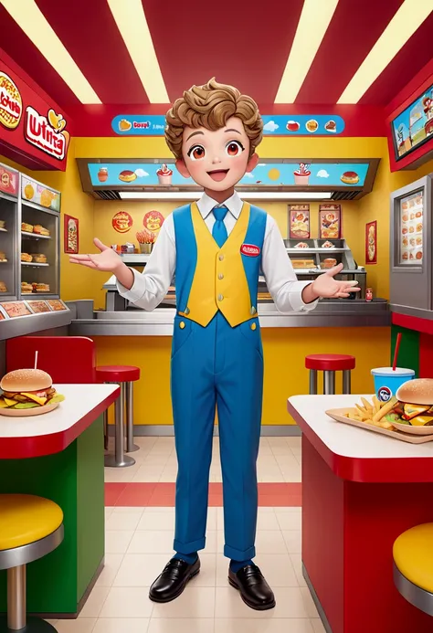 (Fast Food Worker), In the childrens play area of a fast food restaurant, a male employee wearing branded doll clothing is playing and interacting with children. His expression is full of humor and vitality, attracting the childrens attention. The backgrou...