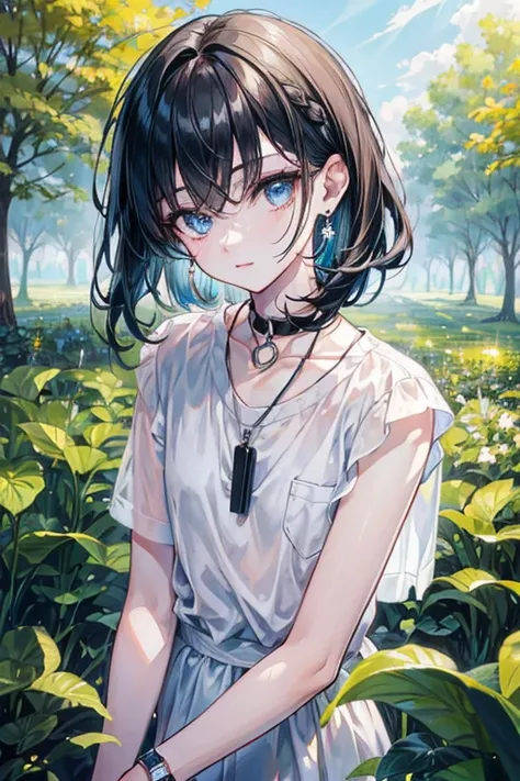 a young skinny girl, deep ocean eyes, ((man hairstyle)), flat chest, pretty lipstick, glowing eyes, handsome, bright skin tone, (detailed eyes), (best quality,highres,masterpiece:1.2),ultra-detailed,award winning,high resolution,1boy, setting in a park in ...