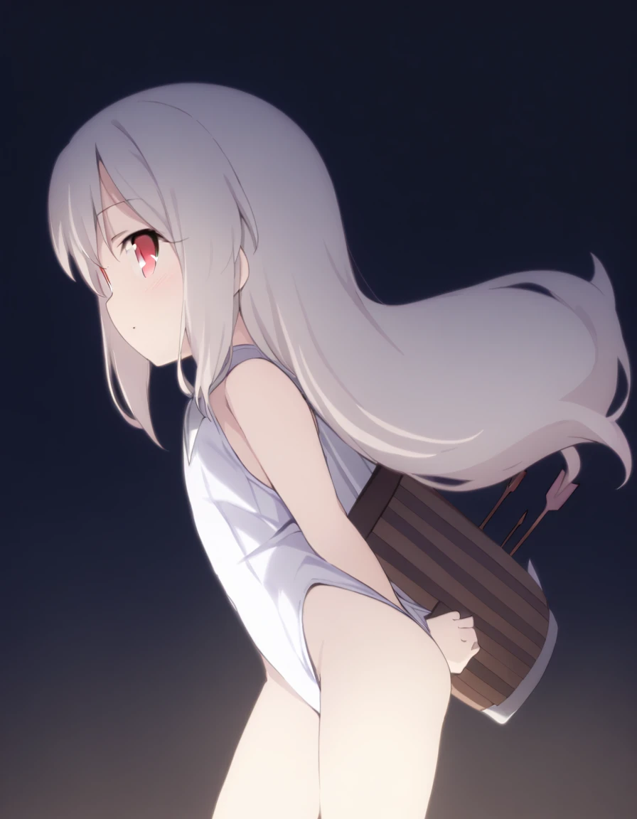 1 girl, shiny backlight, volumy long ponytail, silver hair, red eyes, middle breasts, her hair is fluttering down, white fantasic leotard outfit, white long loincloth,brown belts, long Quiver of Arrows behind back, open legs,open thighs, arched back, sceri...