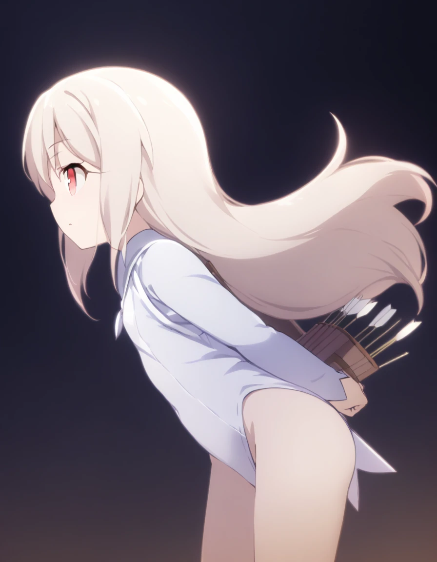 1 girl, shiny backlight, volumy long ponytail, silver hair, red eyes, middle breasts, her hair is fluttering down, white fantasic leotard outfit, white long loincloth,brown belts, long Quiver of Arrows behind back, open legs,open thighs, arched back, sceri...