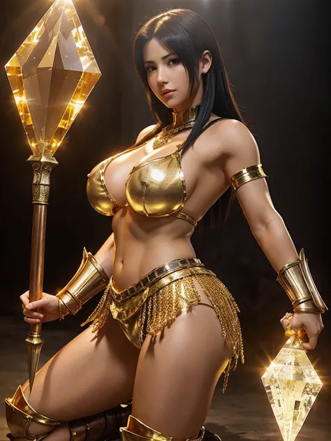 Tifa dressed as a sexy warrior with transparent golden crystal armor and a crystal sword, uncovered body, round ass, big breasts