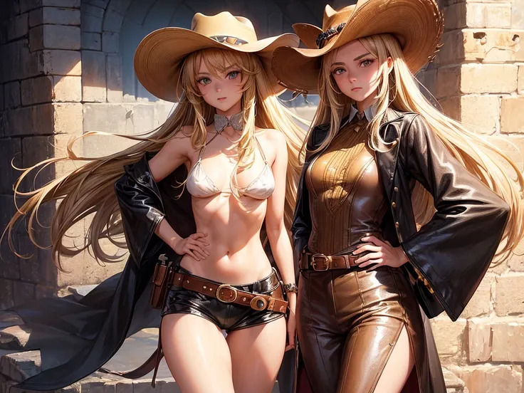 (((depcit very young girl))), (((elegant cowgirl))), sexy, blond hair, long hair, straight hair, cowby hat, (wearing leather cowboy clothes), ( leather revolvers belt), (hunting riffle), ( open legs, spread legs, brown eyes, thin , ((small breasts)), (nice...