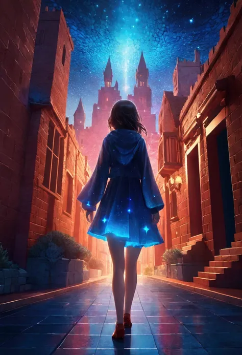 night，Beautiful girl with blue gradient dissolving pixels, 3D Voxel Blocks, A structure that was initially intact but gradually disintegrated in the air, Starry Sky，fantasy，magic，mystery，illusory，Dreamy，(Inverted red symmetrical city silhouette in the sky：...