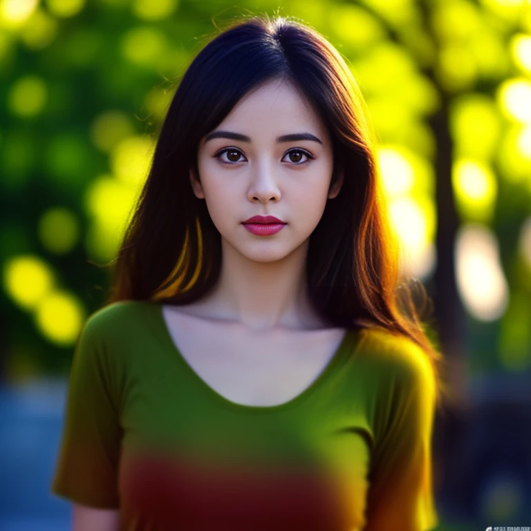 Close-up of a woman with long hair wearing a green shirt, Looking straight at the viewer, young asian woman person with round face, Thai anime, ผมยาวสลวยBig eyes,Big eyes,Double eyelids, black eyes, very large breasts, 38 inches, The chest is round and cur...