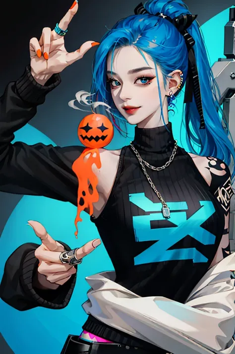 kpop girl with rizz smile face, bad ass, black, neon cyan orange hair, tattoos on hands and neck, piercing, black mixed blue striped sweater, cool badass pose, smoke background, colorful smoke background